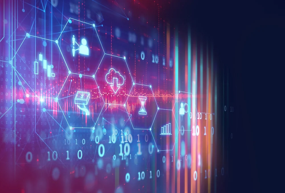 Digital abstract graphic showing fintech identity icons, binary code, and network patterns representing automated KYC fintech workflows and risk-based verification signals