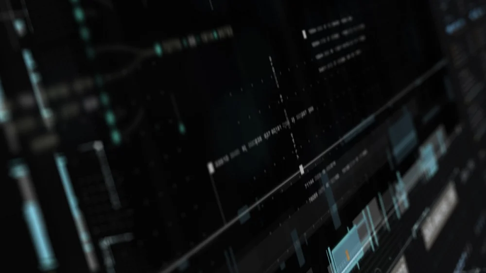 Dark-themed digital interface with data points, lines, and glowing blue highlights, symbolizing data analytics or cybersecurity monitoring