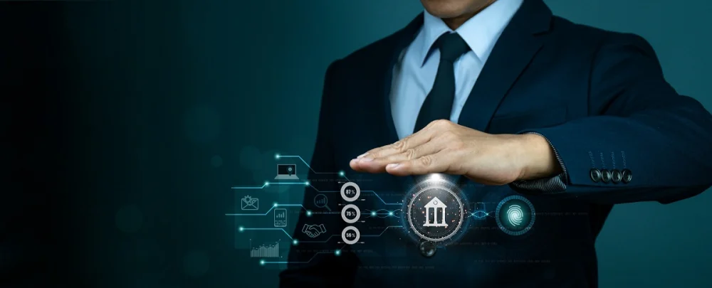 Business professional protecting digital banking and KYC compliance icons, representing risk checks and identity verification steps