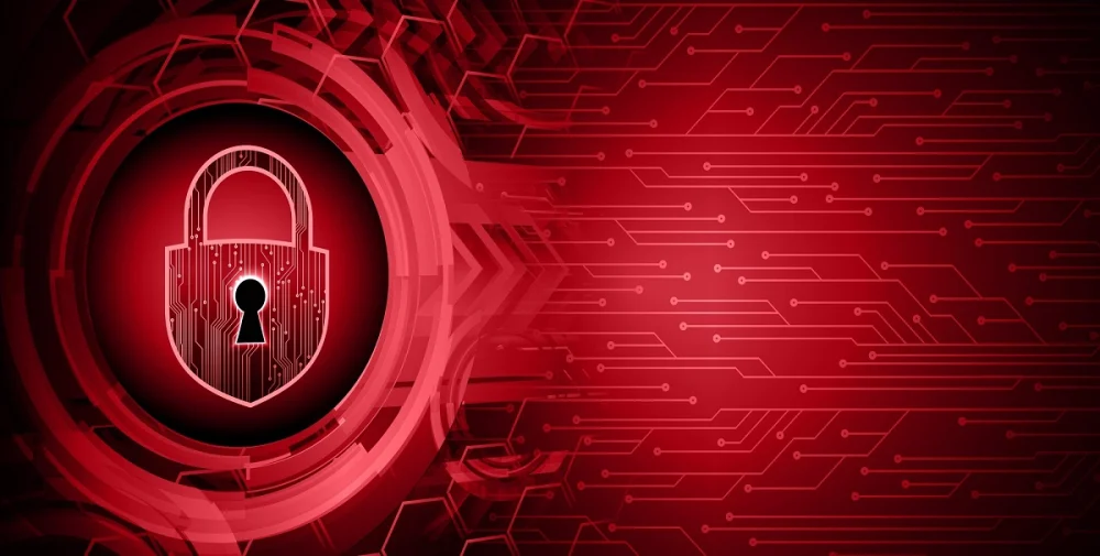 Red digital padlock surrounded by circular circuitry patterns, representing cybersecurity and data protection
