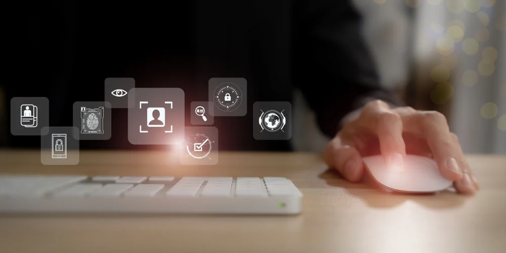A compliance analyst using a computer mouse with digital icons showing identity verification, biometrics, and security checks, illustrating challenges in collecting accurate KYC data