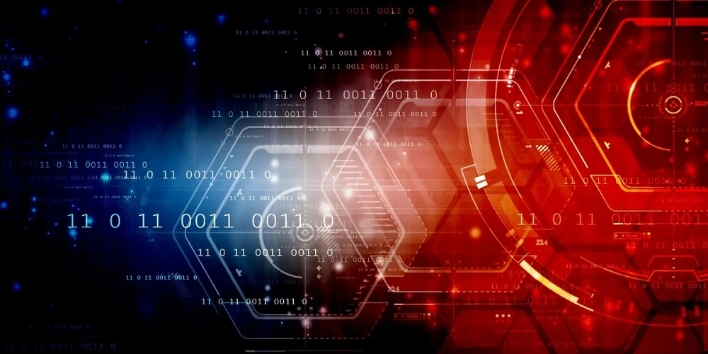 Binary code and abstract graphics on a red and blue background