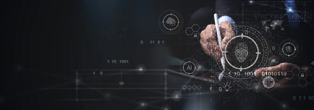 Business person using a digital pen with AI, biometrics, and cybersecurity icons, representing AML and KYC identity verification in financial institutions