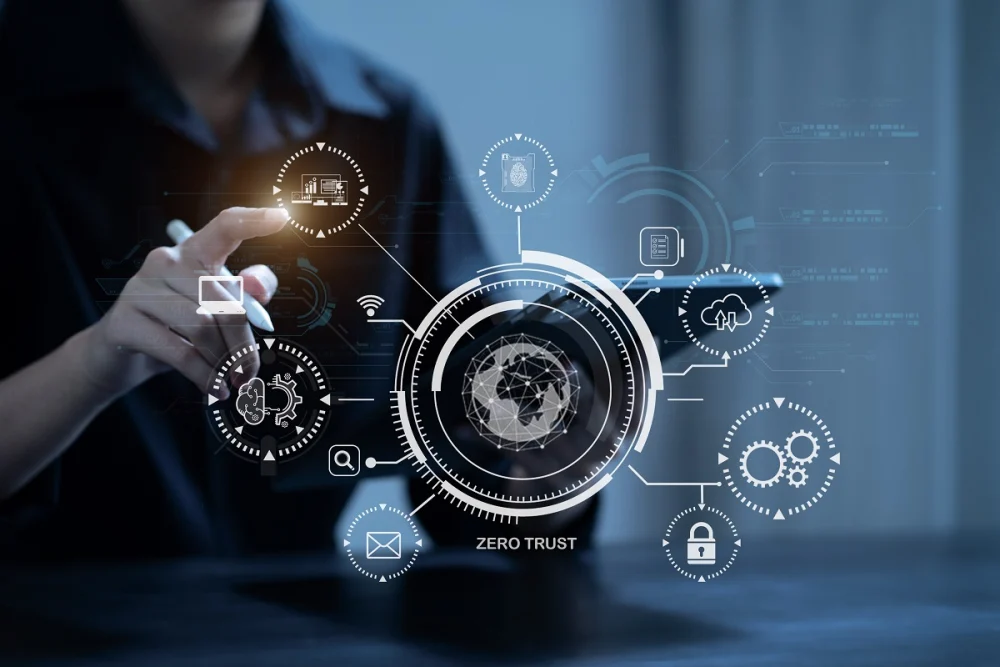 Person using a tablet showing icons for zero trust architecture, cloud, email, and network security