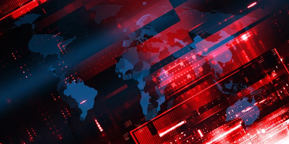 Digital world map with red and blue overlays and data streams, symbolizing global cyber threats or international data exchange