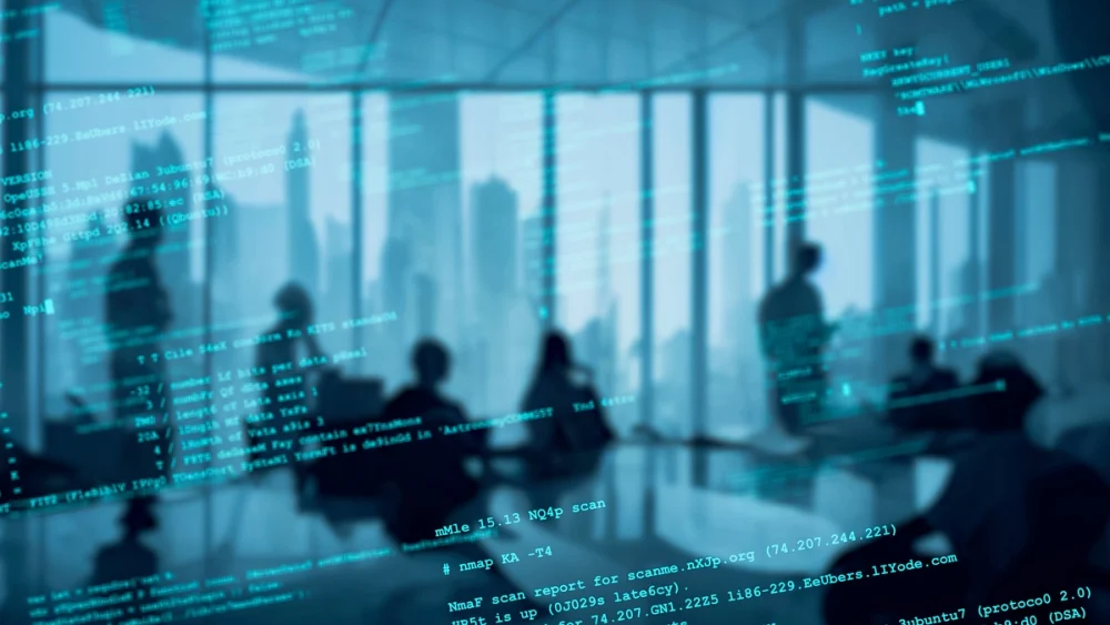 Silhouettes of analysts in a conference room overlaid with digital code, representing open-source intelligence workflows and data-driven investigations