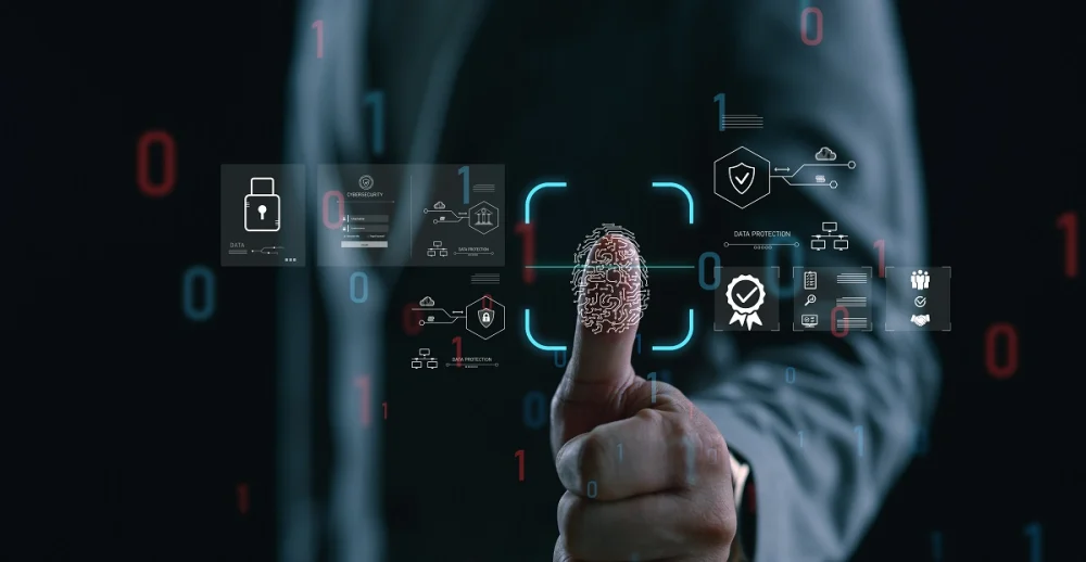 Biometric fingerprint scan and digital identity verification concept representing OSINT-powered KYC remediation and fraud prevention