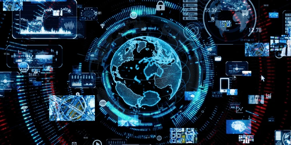 Digital globe surrounded by data streams, dashboards, and cyber intelligence icons, illustrating global OSINT analysis and real-time information monitoring