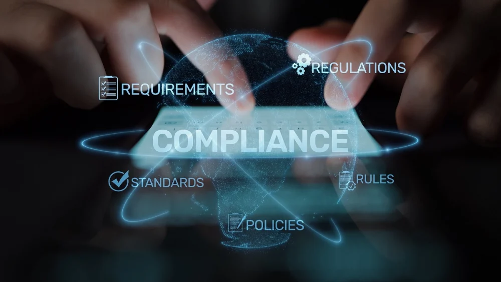 Compliance-themed digital interface showing requirements, regulations, policies, and standards around a globe, symbolizing AML/KYC regulatory frameworks for financial institutions