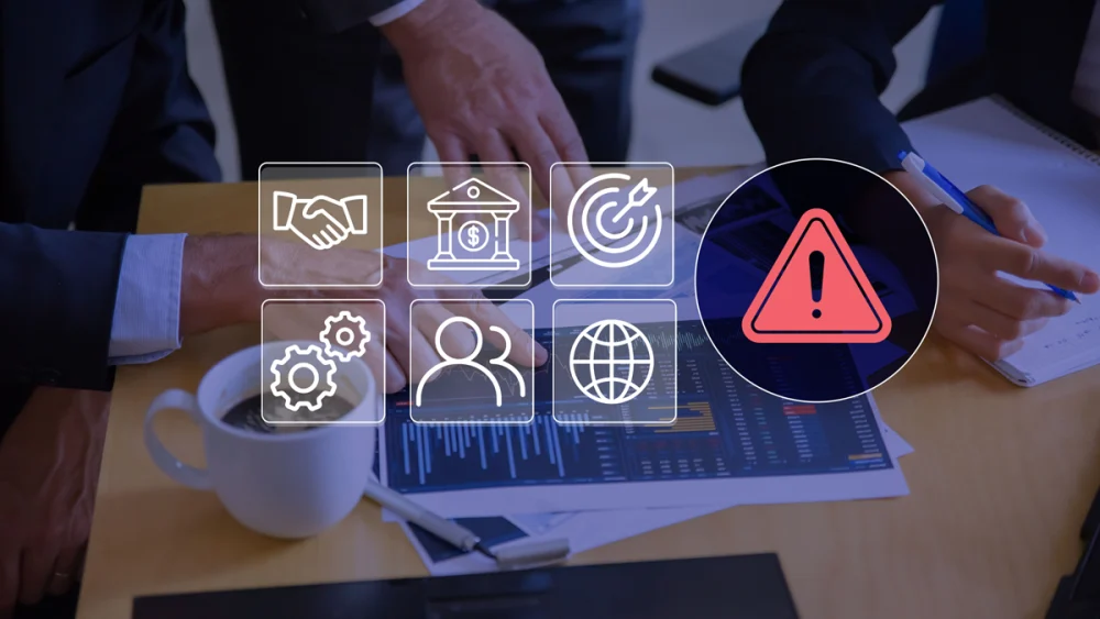 Business professionals reviewing risk indicators on a dashboard with icons representing customer due diligence, compliance workflows, and perpetual KYC risk monitoring